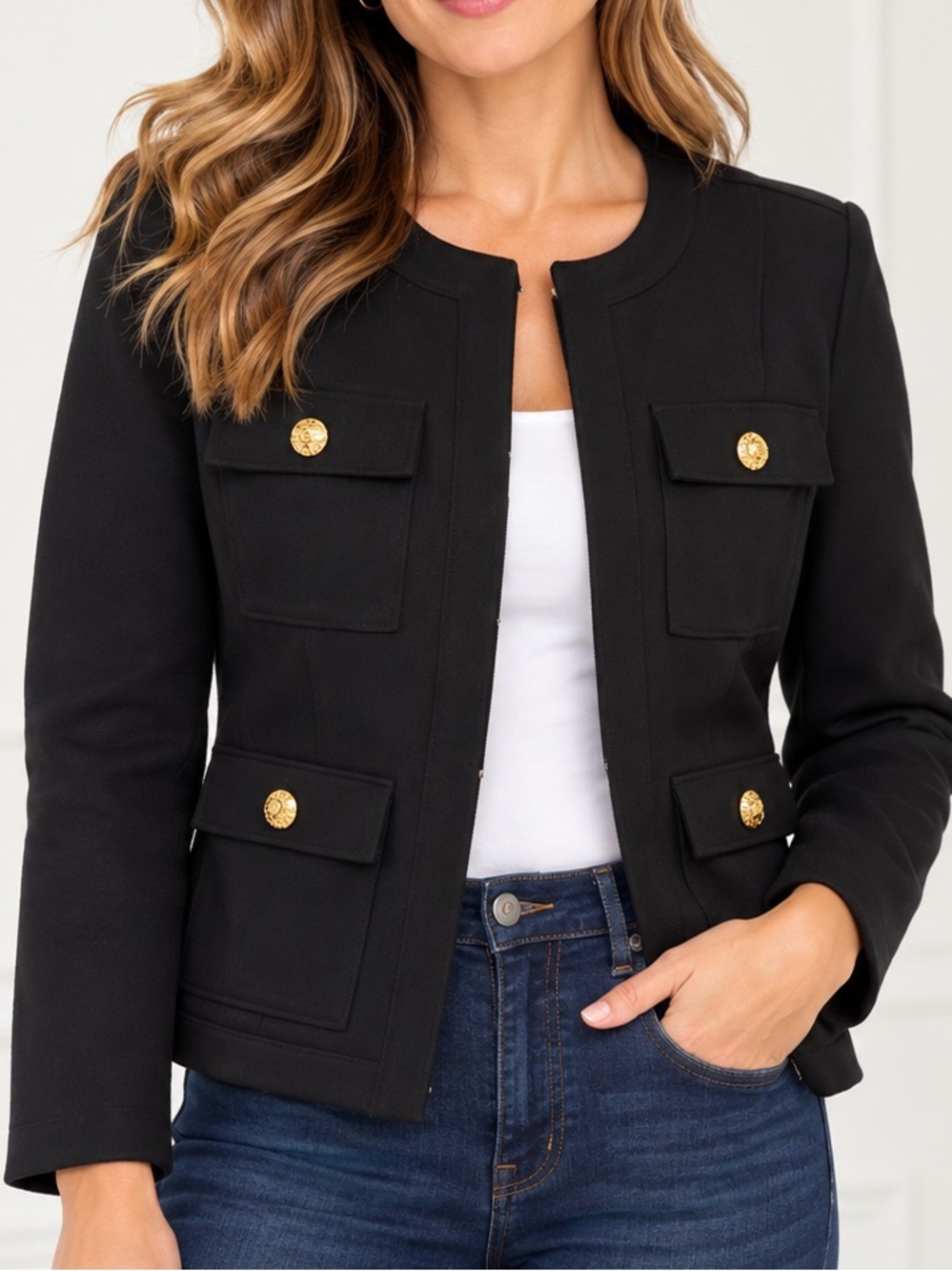 WHBM White House Black Market Black Military Style Jacket Gold Button Size 12
